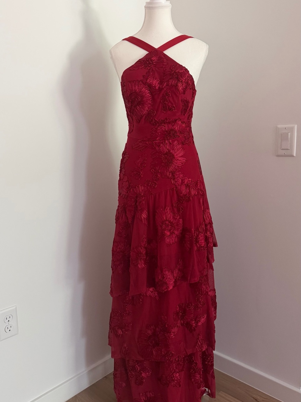 Embroidered Cross-Neck Maxi Dress in Deep Red